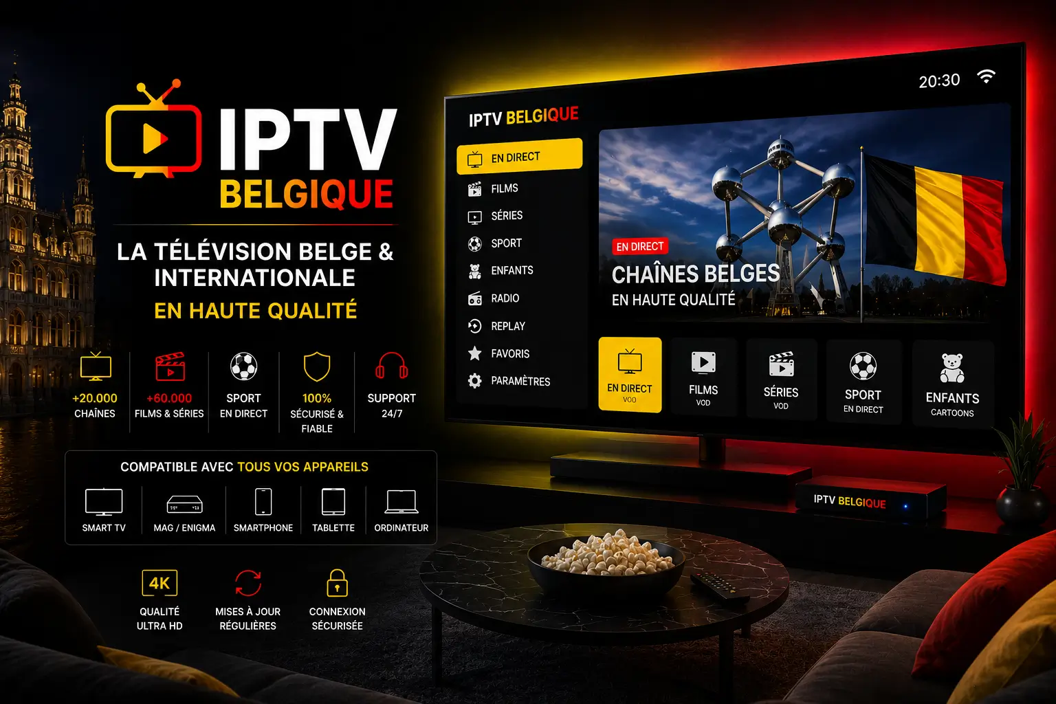 Interface IPTV Belgique sur grand écran — chaînes belges en direct