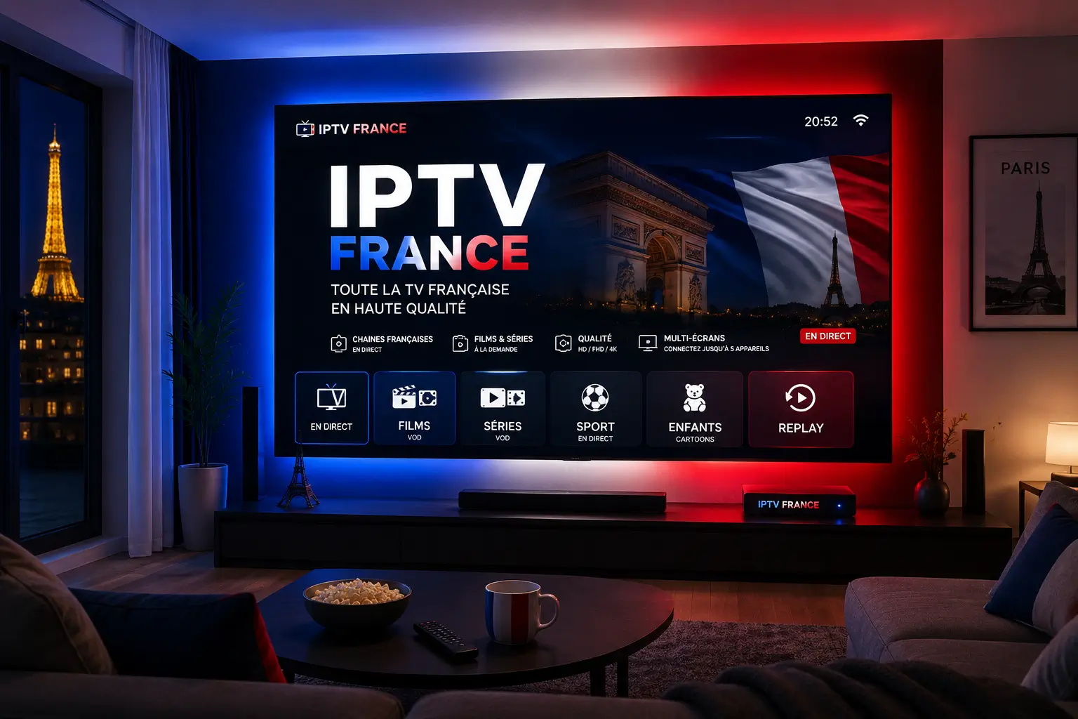 Interface IPTV France sur grand écran — chaînes françaises en direct