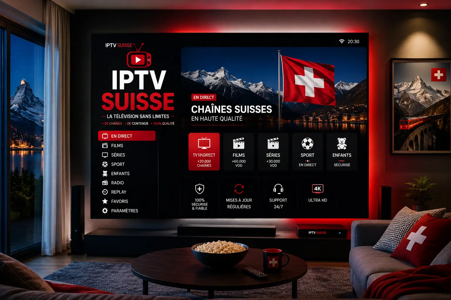 Interface IPTV Suisse sur grand écran — chaînes suisses en direct