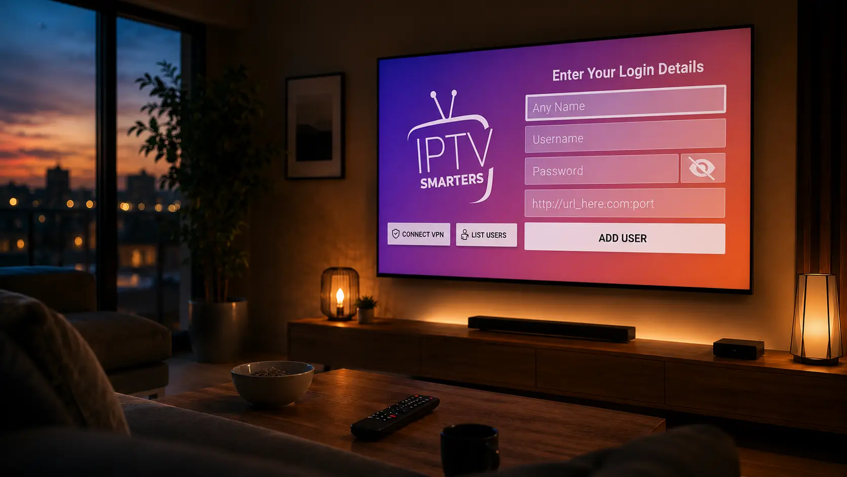 Interface IPTV Smarters Pro — écran de connexion avec identifiants Xtream Codes